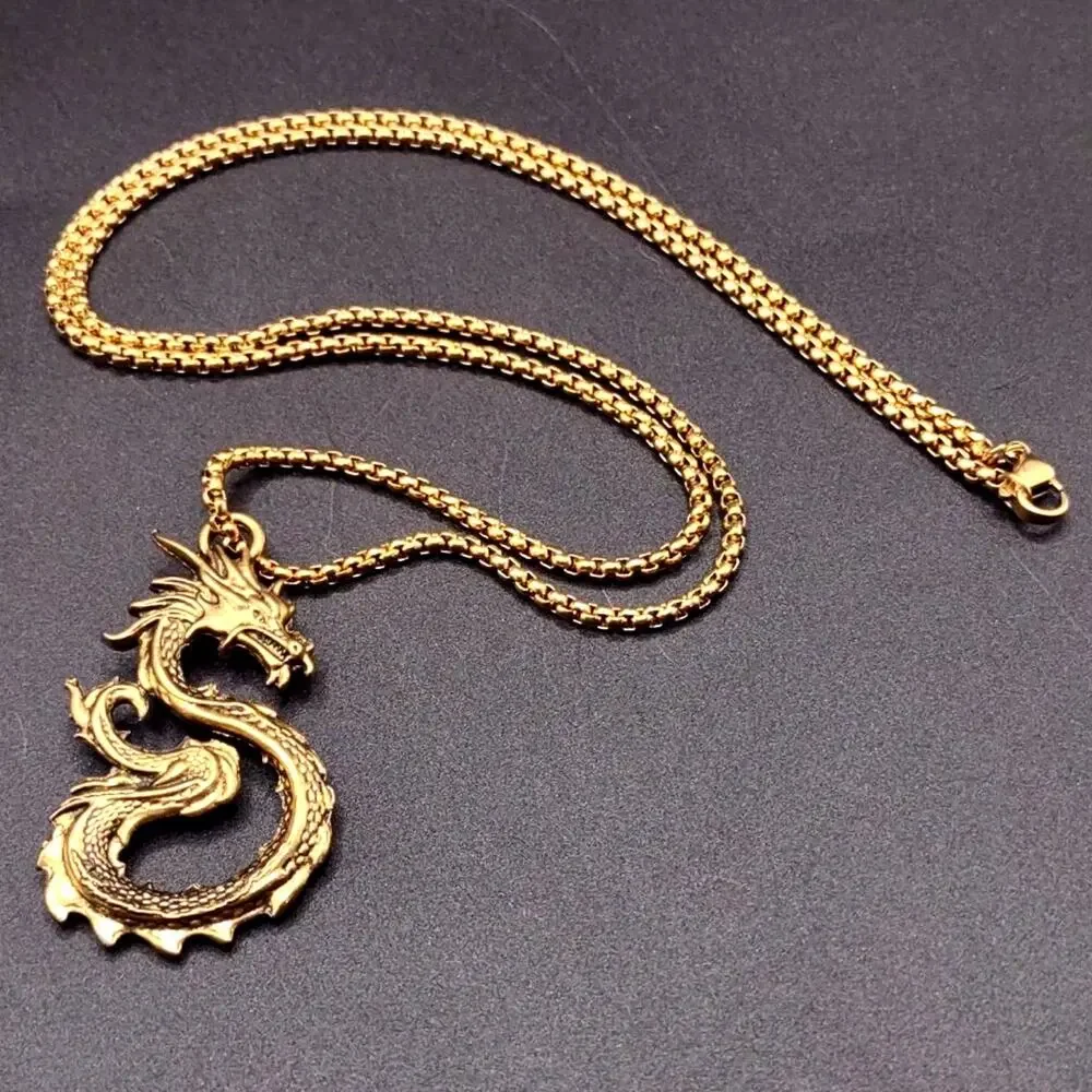 Gold Plated Steel Eastern Dragon Necklace Pendant Men's Birthday Gift NEW